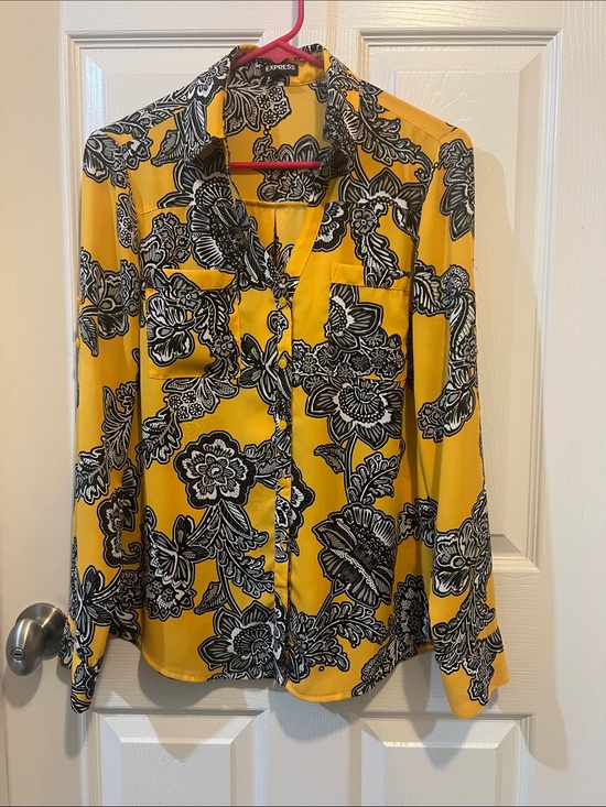 Express Tops - Express Yellow Floral Button-Down Blouse with Black & White Print